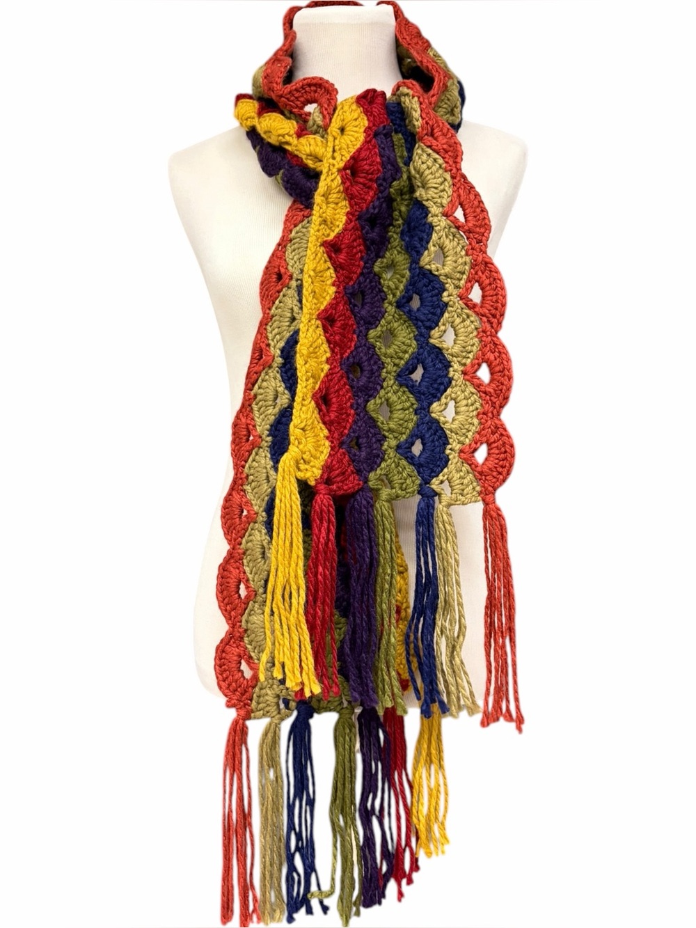 Lucky Brand Multicolor Crochet Knit Scarf Boho Fringe